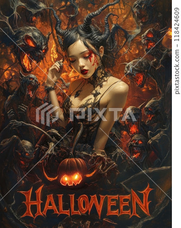 female demon in hell on halloween. inscription "HALLOWEEN" female demon in hell on halloween. inscription "HALLOWEEN" 118424609