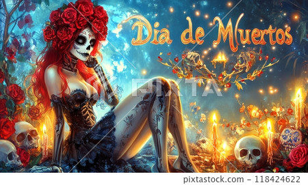 Woman on Day of the Dead.   inscription "Dia de Muertos" 118424622