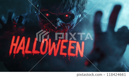 creepy demon in hell on halloween. inscription "HALLOWEEN" 118424661