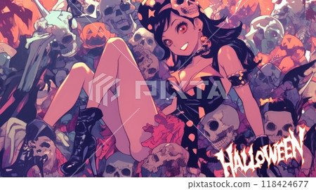 female demon in hell on halloween. inscription "HALLOWEEN" female demon in hell on halloween. inscription "HALLOWEEN" 118424677