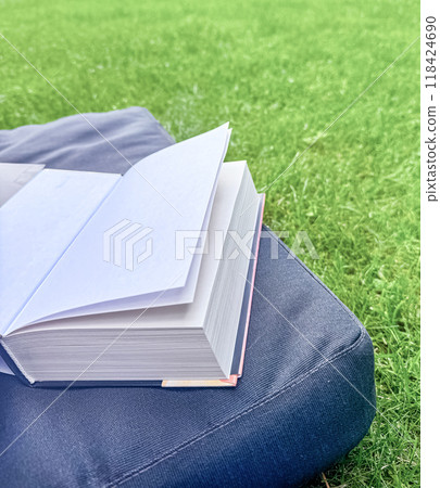 the book is lying on garden cushion on green lawn . High quality photo the book is lying on garden cushion on green lawn . High quality photo 118424690