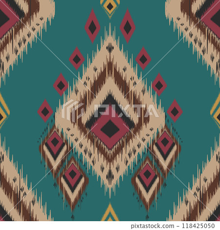 Motif African ethnic handmade beautiful Ikat art.African Ikat ethnic tribal, boho colors seamless wallpaper.Animal print on ethnic tropical pattern.Motifs African boho paisley Floral Ikat background. 118425050