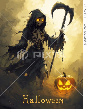 woman death with a scythe on Halloween night. 118425113