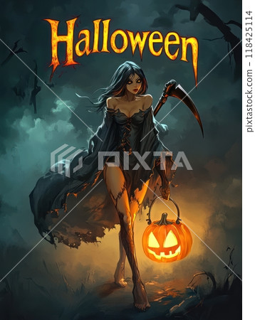 woman death with a scythe on Halloween night. 118425114