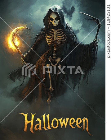 woman death with a scythe on Halloween night. woman death with a scythe on Halloween night. 118425131