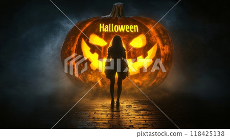 pumpkin lantern on halloween night. inscription "halloween" pumpkin lantern on halloween night. inscription "halloween" 118425138