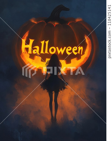 pumpkin lantern on halloween night. inscription "halloween" 118425141