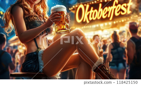 woman with beer. inscription "Oktoberfest" 118425150