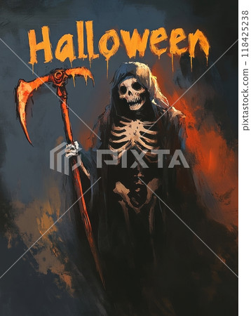 woman death with a scythe on Halloween night. 118425238