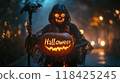 woman death with a scythe on Halloween night. 118425245