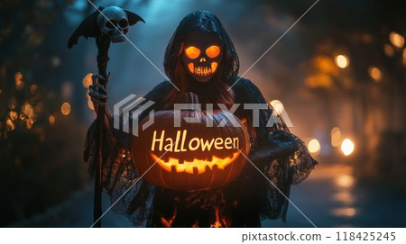 woman death with a scythe on Halloween night. woman death with a scythe on Halloween night. 118425245