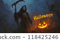 woman death with a scythe on Halloween night. 118425246