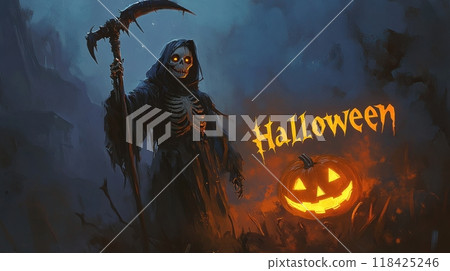 woman death with a scythe on Halloween night. 118425246