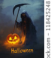 woman death with a scythe on Halloween night. 118425248
