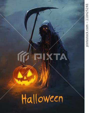 woman death with a scythe on Halloween night. 118425248