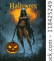 woman death with a scythe on Halloween night. 118425249
