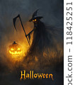 woman death with a scythe on Halloween night. 118425251