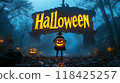 pumpkin lantern on halloween night. inscription "halloween" 118425257