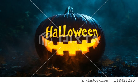 pumpkin lantern on halloween night. inscription "halloween" pumpkin lantern on halloween night. inscription "halloween" 118425259