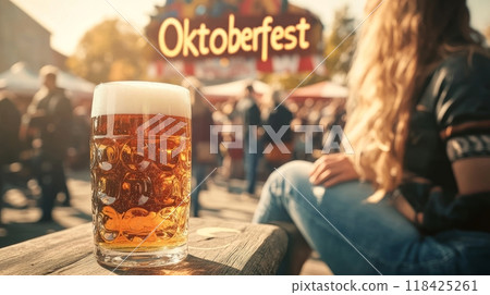 woman with beer. inscription "Oktoberfest" 118425261