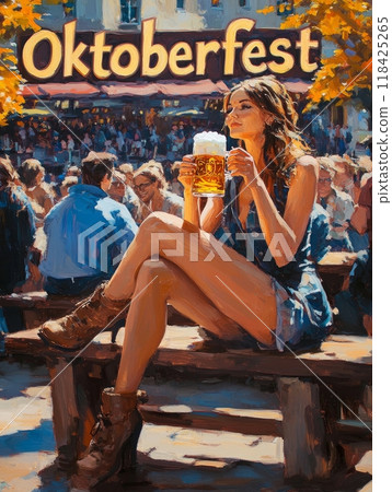 woman with beer. inscription "Oktoberfest" woman with beer. inscription "Oktoberfest" 118425265