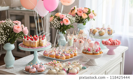 Birthday table decoration with sweets, flowers, candles and pink balloons. Selective focus 118425444