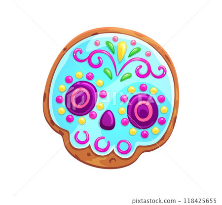 Mexican skull cookie biscuit or cake for Dead Day and Dia de Los Muertos holiday, cartoon vector. Mexican calavera sugar skull cookie with floral ornament of caramel for pastry dessert on Day of Dead 118425655