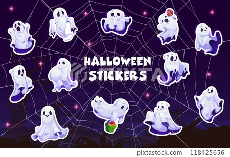 Stickers pack of Halloween holiday kawaii ghost characters with trick or treat sweets. Halloween horror monsters vector personages of kawaii ghosts, phantoms and spirits with candy bucket and lollipop Stickers pack of Halloween holiday kawaii ghost characters with trick or treat sweets. Halloween horror monsters vector personages of kawaii ghosts, phantoms and spirits with candy bucket and lollipop 118425656