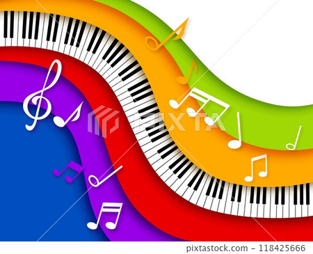 Paper cut music piano. Vibrant background featuring colorful 3d vector papercut waves, musical notes, treble clef and piano keys for concert invitation or classic musical festival performance promo Paper cut music piano. Vibrant background featuring colorful 3d vector papercut waves, musical notes, treble clef and piano keys for concert invitation or classic musical festival performance promo 118425666