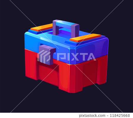 Cartoon futuristic sci fi game toolbox, space chest. Isolated vector case for storing tools and equipment with a sturdy handle, combining blue and red colors, conveys functionality and organization Cartoon futuristic sci fi game toolbox, space chest. Isolated vector case for storing tools and equipment with a sturdy handle, combining blue and red colors, conveys functionality and organization 118425668