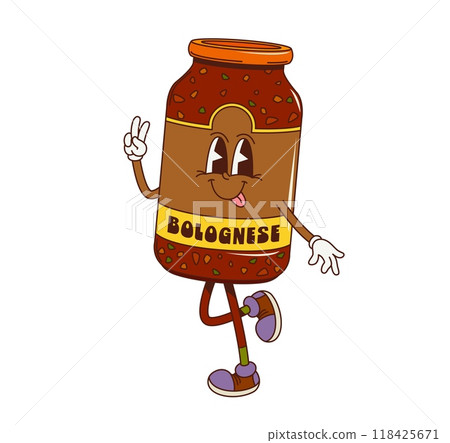 Cartoon groovy Bolognese sauce character. Isolated vector funny glass jar, food personage making a peace sign and dancing. Italian Bolognese sauce with cute smiling face ready for culinary adventures 118425671