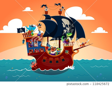 Pirate sail ship with animal sailor characters in blue ocean. Vector cartoon pirate ship, sailboat or brigantine with corsair crew on deck, black sails, flags and cannons. Funny sea bandits vessel 118425672