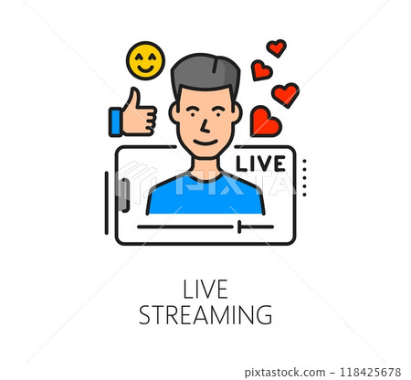 Social media blogging or line streaming line icon. Blogger influence, web multimedia technology or Internet blogging linear vector icon. Social media video thin line pictogram with streamer character 118425678