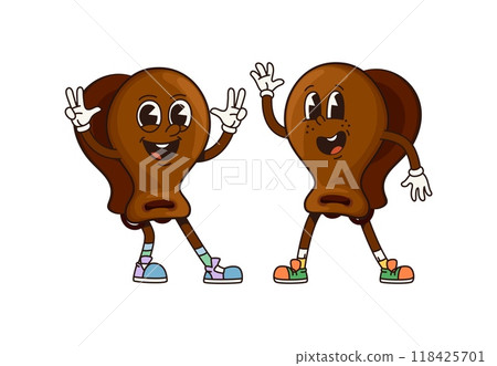 Cartoon castanets groovy musical instrument characters. Isolated vector funny percussion music tools of Latin America. Spanish culture, art and tradition friends personages flashing positive gestures Cartoon castanets groovy musical instrument characters. Isolated vector funny percussion music tools of Latin America. Spanish culture, art and tradition friends personages flashing positive gestures 118425701