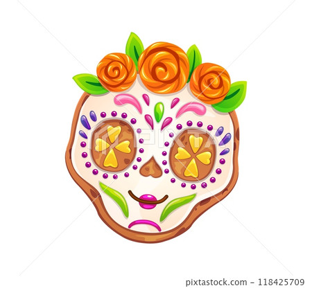 Dead Day and Dia de Los Muertos Mexican holiday skull cookie biscuit or cake, cartoon vector. Mexican calavera skull cookie with caramel marigold flowers for sweet pastry dessert on Dead Day holiday Dead Day and Dia de Los Muertos Mexican holiday skull cookie biscuit or cake, cartoon vector. Mexican calavera skull cookie with caramel marigold flowers for sweet pastry dessert on Dead Day holiday 118425709
