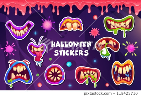 Stickers pack of Halloween monster mouth with drool jaws, dripping saliva and sticking tongues. Cartoon vector adhesive patches of spooky lips and maws, fun and eerie alien, zombie or monster mouths Stickers pack of Halloween monster mouth with drool jaws, dripping saliva and sticking tongues. Cartoon vector adhesive patches of spooky lips and maws, fun and eerie alien, zombie or monster mouths 118425710