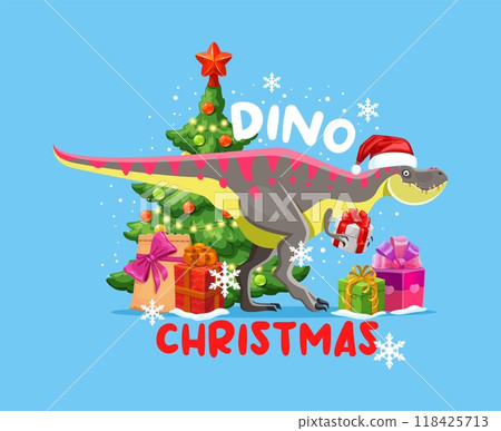 Christmas dinosaur Santa with holidays gifts for greetings, cartoon vector banner. Funny Jurassic dino lizard, Christmas pine tree with star and decorations in snowflakes for Merry Christmas greeting Christmas dinosaur Santa with holidays gifts for greetings, cartoon vector banner. Funny Jurassic dino lizard, Christmas pine tree with star and decorations in snowflakes for Merry Christmas greeting 118425713