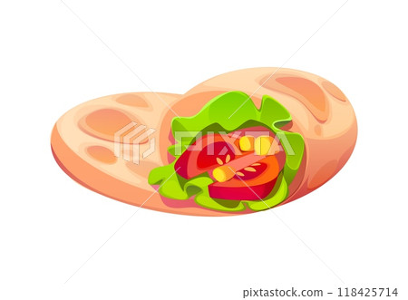 Wrap filled with fresh vegetables and greens. Isolated cartoon vector shawarma or burrito roll preparation cooking process with appetizing tortilla, tomatoes and lettuce healthy culinary ingredients Wrap filled with fresh vegetables and greens. Isolated cartoon vector shawarma or burrito roll preparation cooking process with appetizing tortilla, tomatoes and lettuce healthy culinary ingredients 118425714