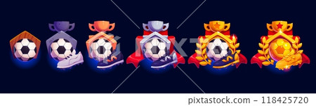 European football soccer game rank award, sport badges evolution from wooden to bronze, silver and golden. Cartoon vector achievement, competition, and sportsmanship trophies for celebrating success European football soccer game rank award, sport badges evolution from wooden to bronze, silver and golden. Cartoon vector achievement, competition, and sportsmanship trophies for celebrating success 118425720