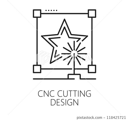 CNC cutting design production equipment line icon. CNC marking metalwork industry thin line symbol, laser cutting production technology or steel etching manufacture equipment linear vector icon 118425721