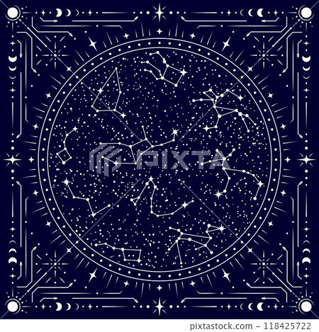 Celestial tarot frame with star constellations map against a dark night sky with stars, framed with patterns of moons, stars, and cosmic symbols, evoking the mysteries of the universe and astrology Celestial tarot frame with star constellations map against a dark night sky with stars, framed with patterns of moons, stars, and cosmic symbols, evoking the mysteries of the universe and astrology 118425722