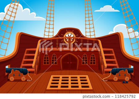 Pirate ship stern deck with steering wheel and cannons. Vector corsair frigate board with wooden wheel, cannons and rigging against bright blue sky, exudes adventure, maritime history and piracy vibe 118425792