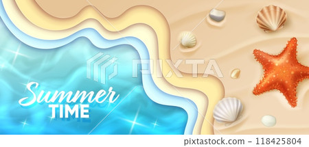 Sea waves paper cut banner with seashells and star fish. 3d vector summer beach with layered sand and ocean waves, shells, starfish and sparkling blue water, evoking relaxing, summertime atmosphere Sea waves paper cut banner with seashells and star fish. 3d vector summer beach with layered sand and ocean waves, shells, starfish and sparkling blue water, evoking relaxing, summertime atmosphere 118425804