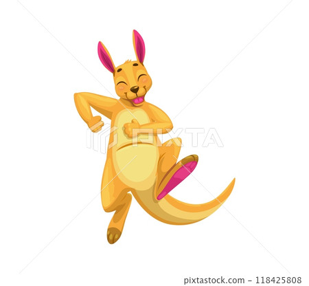 Cartoon funny kangaroo animal character mid-jump. Isolated vector australian animal wallaby funny and cheerful personage featuring exudes energy and happiness. Smiling comic wallaroo jumping motion 118425808