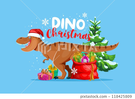 Dino Christmas greetings, T-rex dinosaur Santa with gifts for winter holiday, cartoon vector. Jurassic dino lizard or happy tyrannosaurus Rex as Santasaurus with Christmas pine tree, snowflakes 118425809