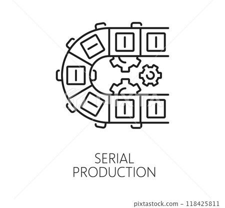Manufacture, automatic and manual serial production line icon. Plant assembly line automatic machinery, factory manual production equipment or robot automation vector symbol with boxes on conveyor 118425811