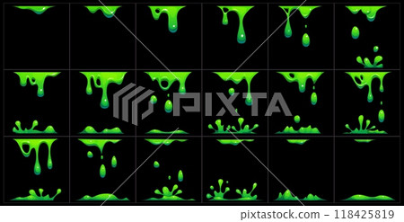 Green slime animated sprite, animation effect showing stages of dripping and splashing toxic liquid phlegm for video game. Cartoon vector sequence frame of gooey, slimy poison drip, gui storyboard 118425819