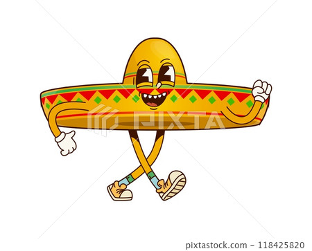 Funny groovy Mexican sombrero hat character. Isolated cartoon vector lively mariachi or latino cap with a wide smile, strutting confidently, wearing sneakers, and exuding a playful, celebratory energy 118425820