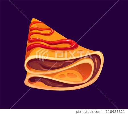 Cartoon crepe, folded French pancake drizzled with strawberry sauce, featuring golden-brown texture. Isolated vector delicious baked dessert, cafe or restaurant menu, sweet food. Fresh breakfast meal 118425821