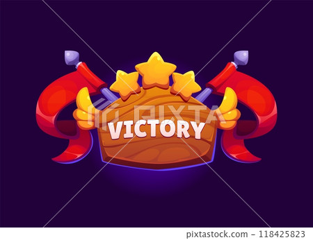Game victory award icon, ui award badge, featuring bright golden stars, red ribbons, and wooden board. Cartoon vector pop up interface banner for gaming achievements, and winners digital recognition 118425823